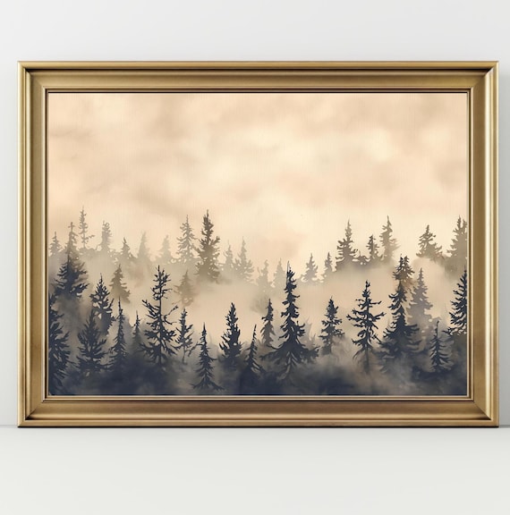 Vintage Pine Tree Forest, Moody Winter Landscape