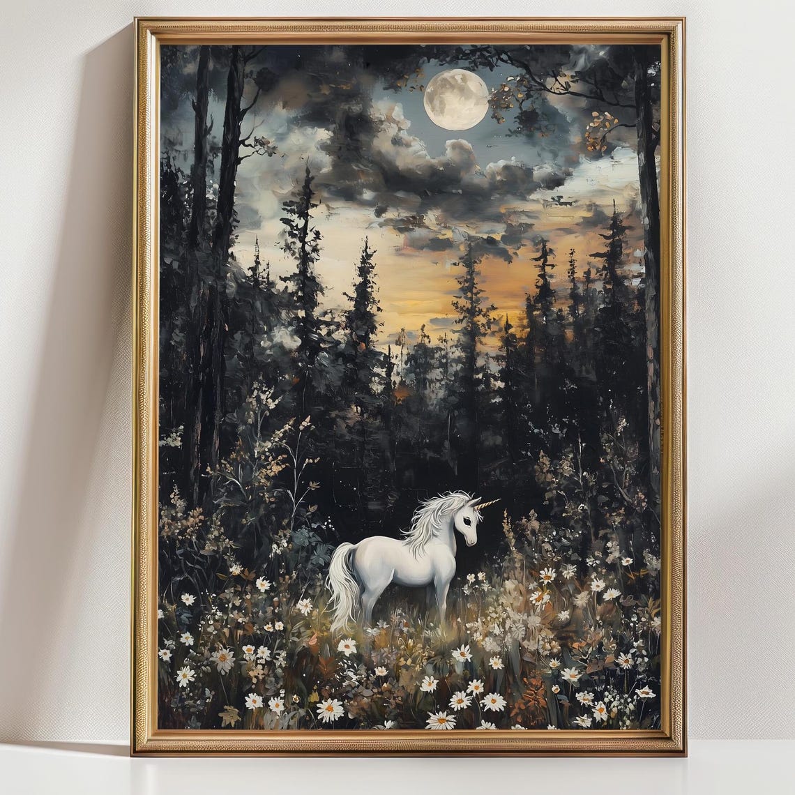 White Unicorn In Moonlit Dark Forest Wildflower Meadow Night Art Print - Image 3