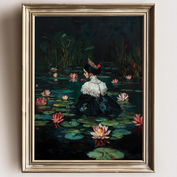Ophelia Water Lilies Night Pond Gothic Victorian Moody Art Poster