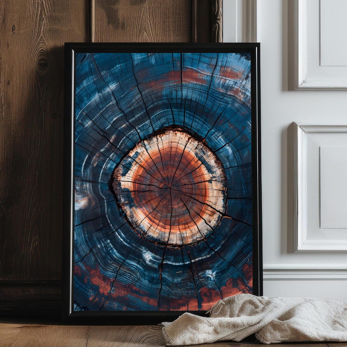 Abstract Tree Ring Cross Section Deep Blue Copper Dark Nature Poster