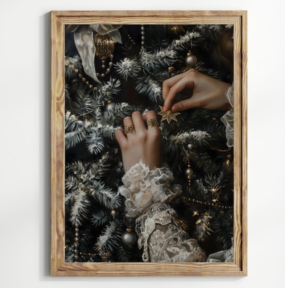 Christmas Tree Victorian Art Poster Print Moody Painting Vintage Woman Print Victorian Decor Wall Art Dark Moody Cottagecore Art