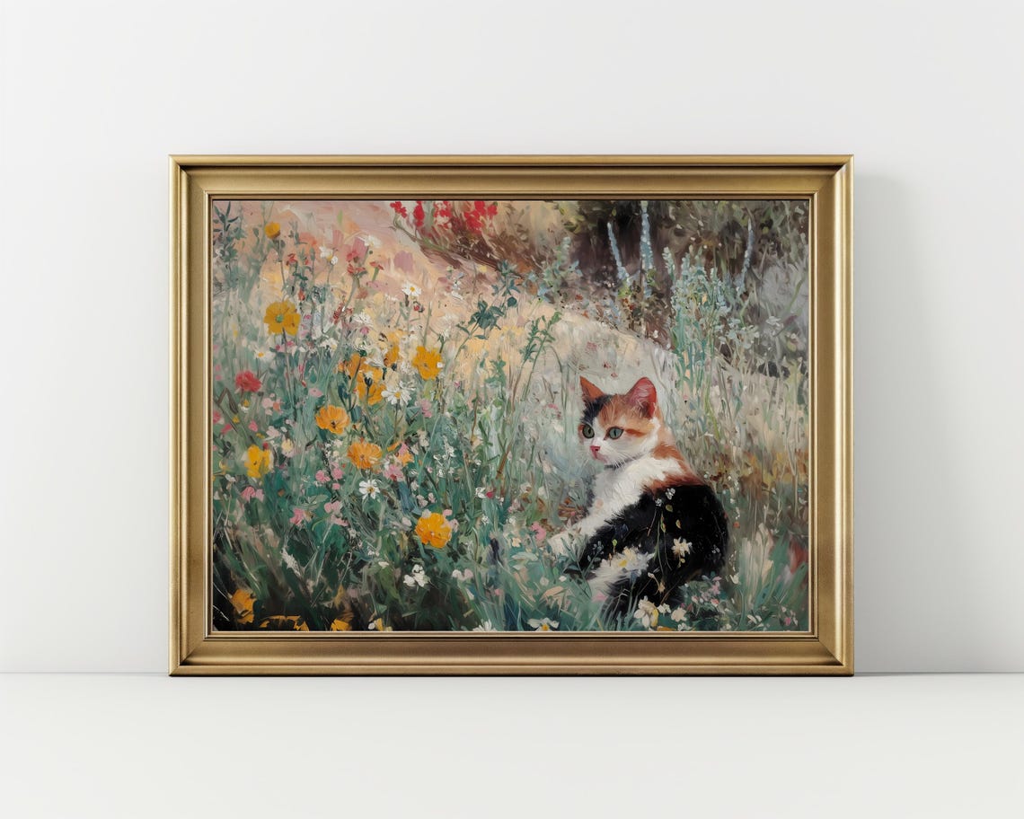 Cat Floral Painting Vintage Cottagecore Art Flowers Landscape Painting Animal Art Print Vintage Print Cat Wall Art Cat Lover Gift - Image 2