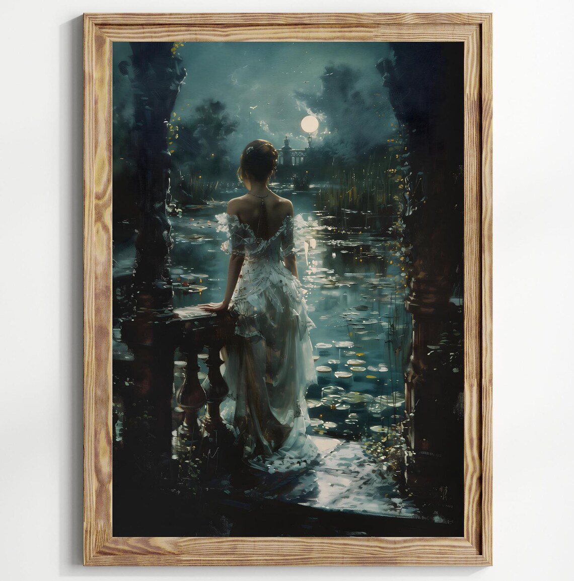 Moonlit Terrace Woman White Gown Lily Pond Dark Romantic Gothic Art Print