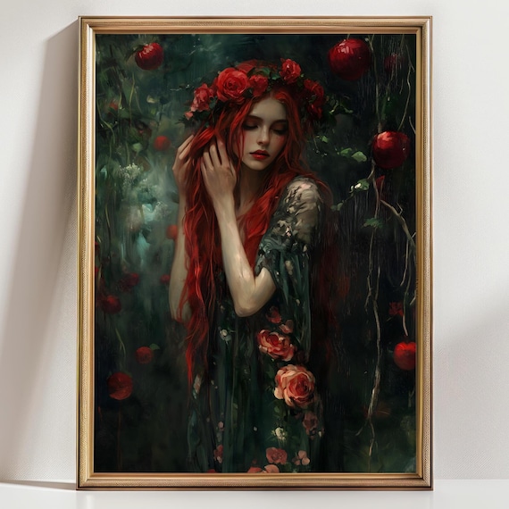 Persephone In Garden Wall Art Dark Academia Print Moody Victorian Wall Art Cottagecore Greek Goddess Greek Mythology Art Floral