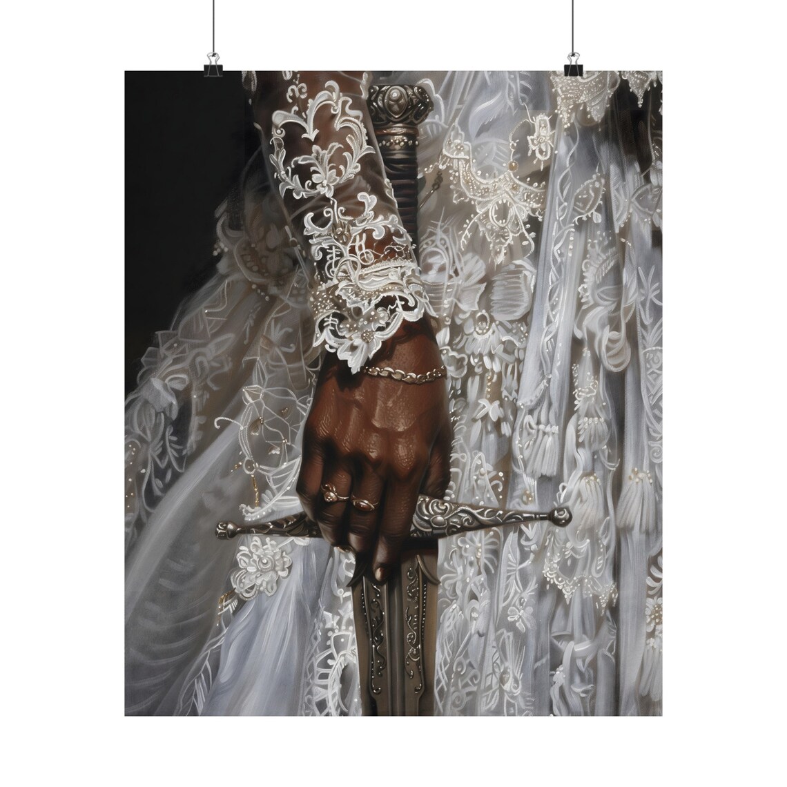 Black Woman Sword Hand Ornate Blade White Lace Gown Dark Art Print - Image 2