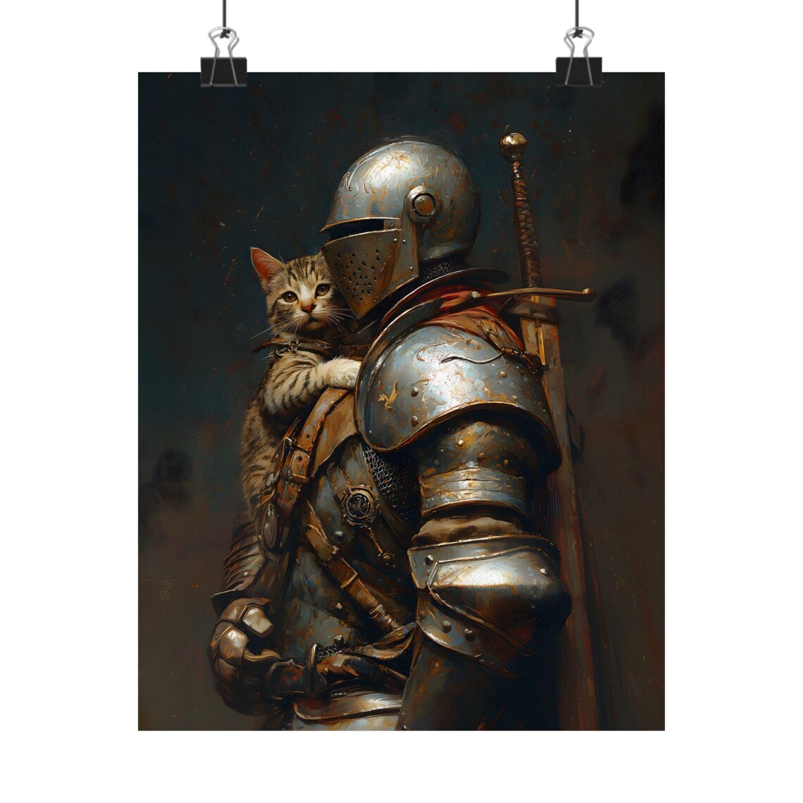 Medieval Knight With a Cat, Dark Academia Art Print - Image 2