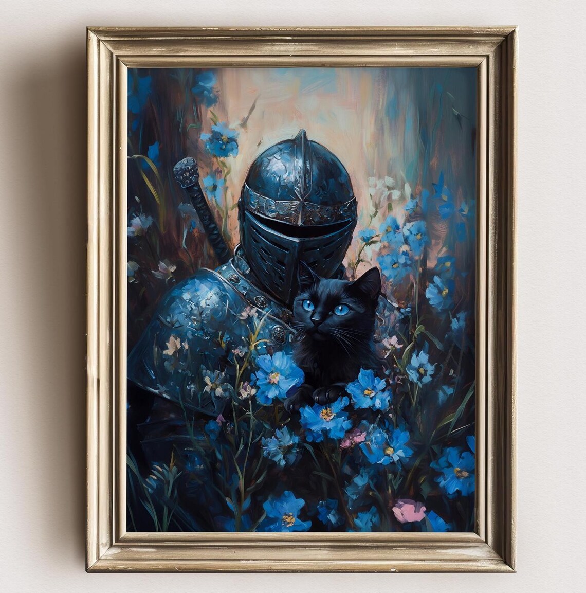 Armored Knight With Black Cat Sword Blue Wildflowers Dusk Fantasy Art Print - Image 3