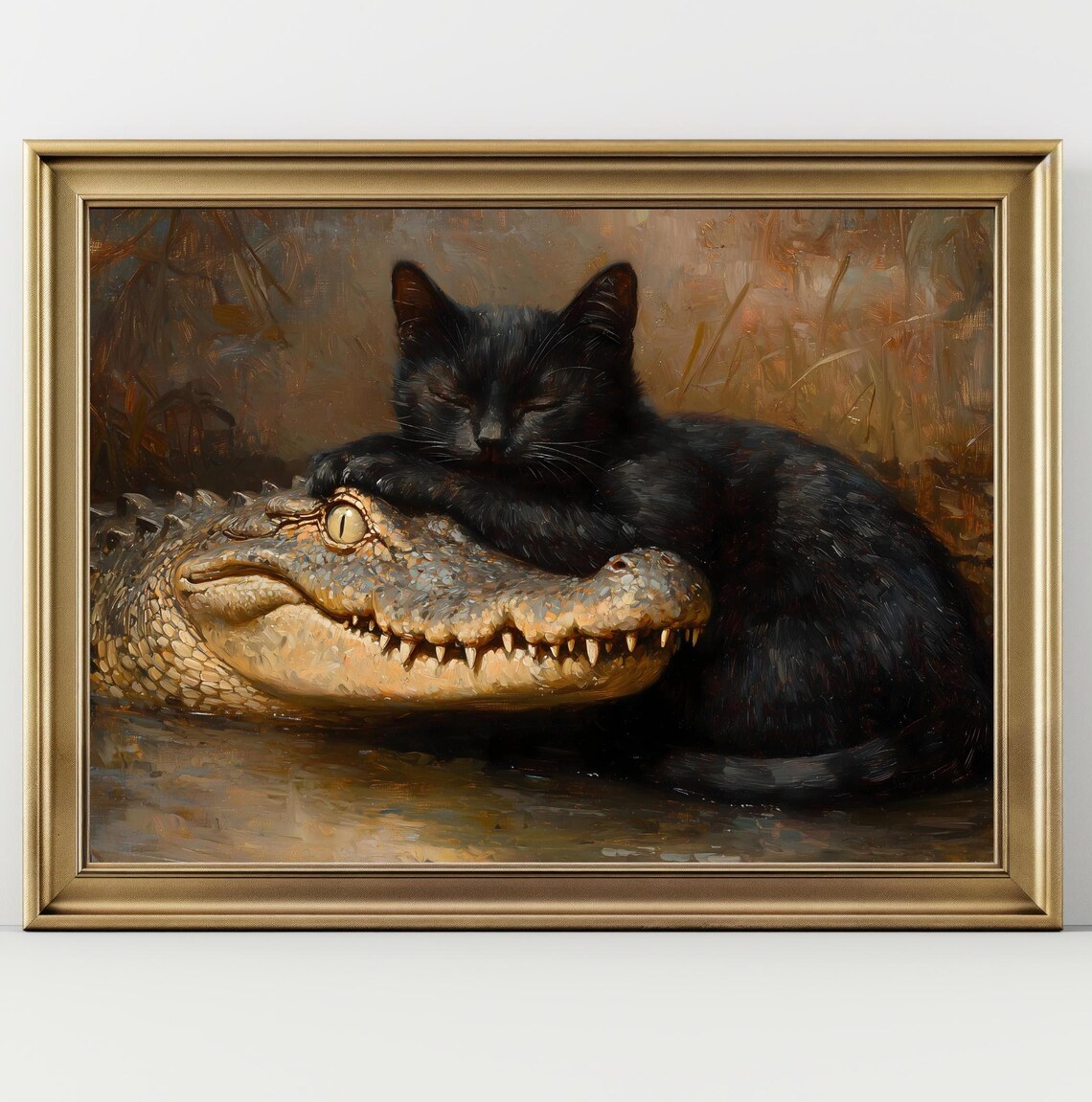 Black Cat Cuddling Alligator Funny Vintage Oil Painting Poster - Image 2