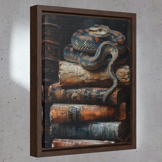 Framed Gallery Stack Of Books Snake Bookish Poster Dark Academia Print Book Lovers Gift Reading Gift Book Lovers Art Library Art