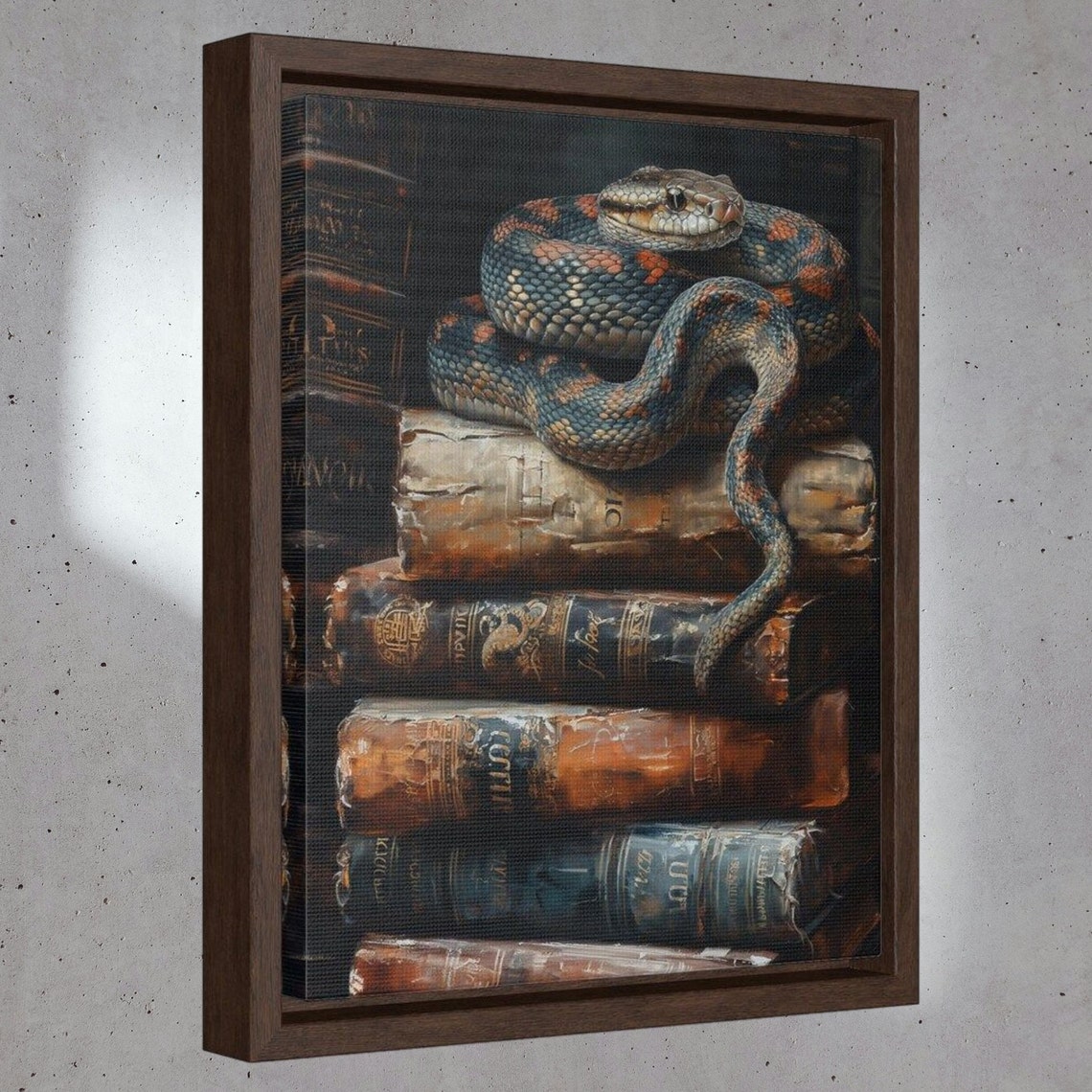 Coiled Snake Antique Books Stack Dark Academia Reptile Wall Art