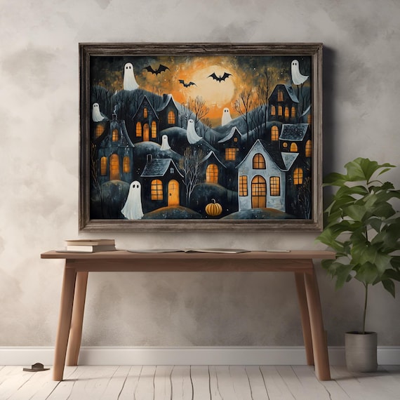 Halloween Village Night Ghosts Bats Glowing Windows Folk Art Poster