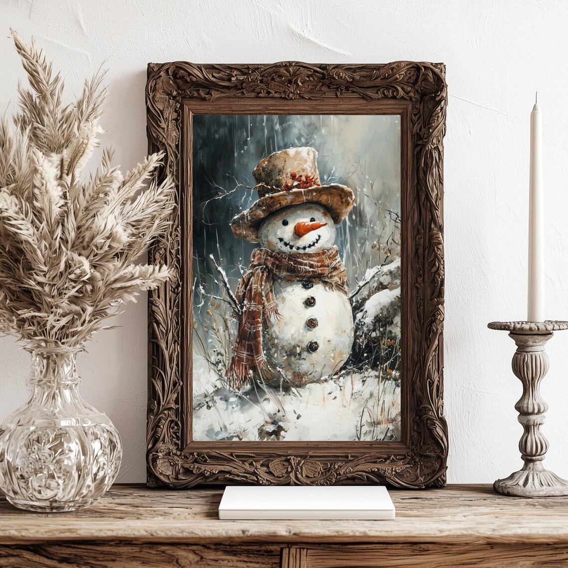 Vintage Snowman Christmas Art Print, Cottagecore