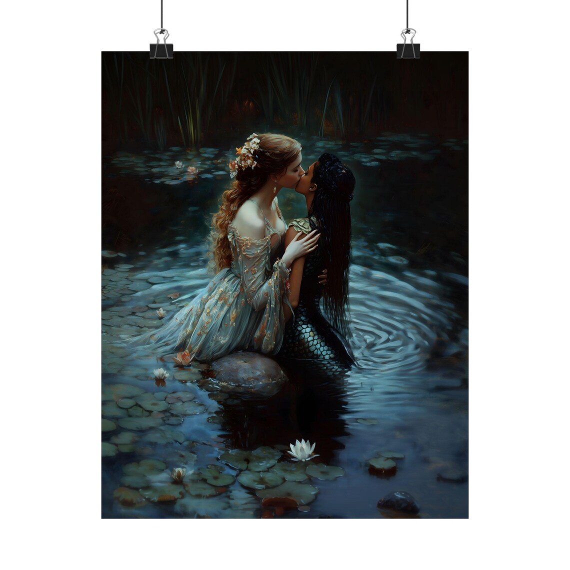Women Kissing Lily Pond Romantic Dark Gothic Mermaid Fantasy Wall Art Poster - Image 4
