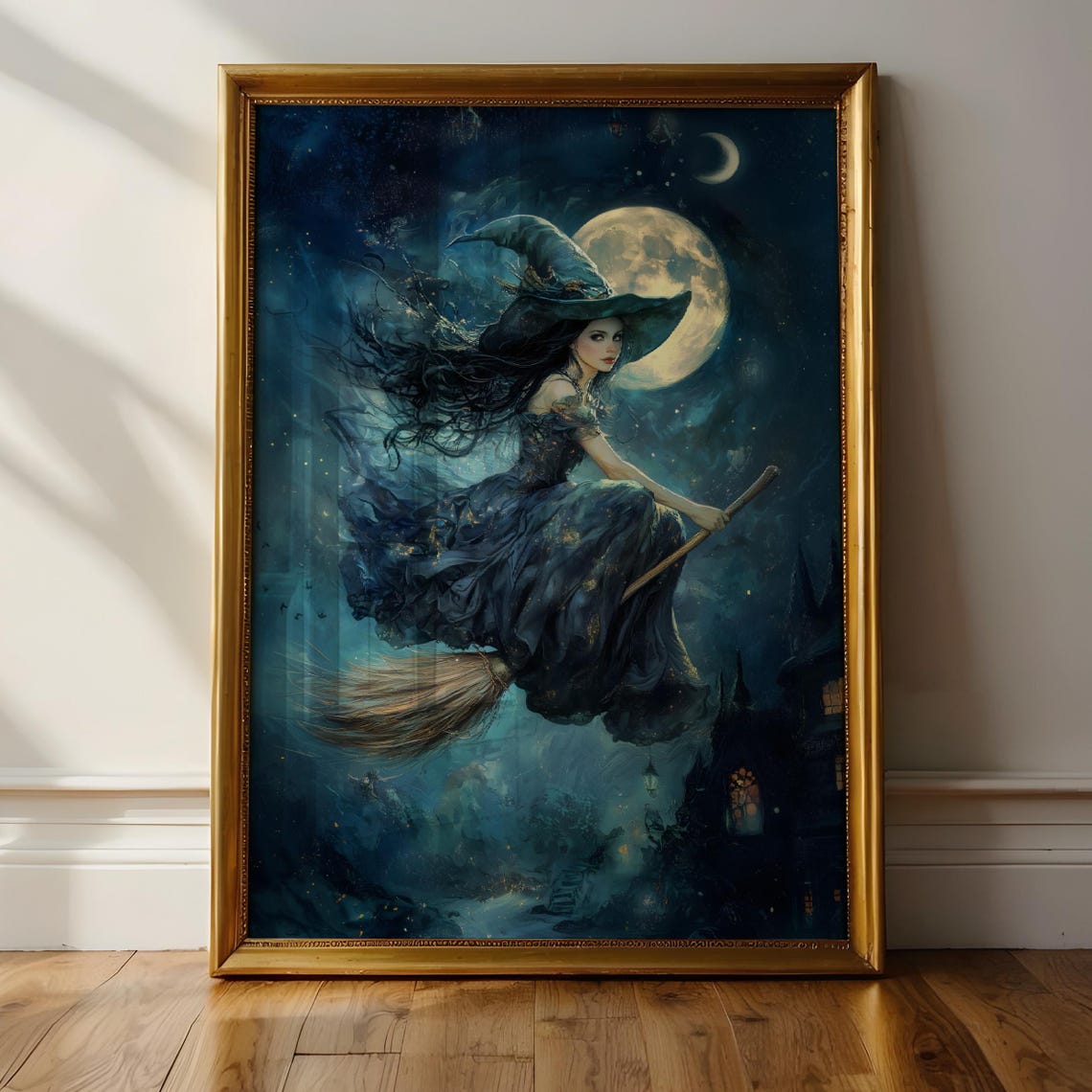 Witch Flying Broomstick Full Moon Night Sky Bats Magic Art Poster - Image 2