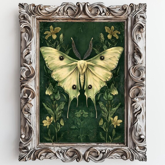 Luna Moth, Dark Vintage Goth Botanical Art Print