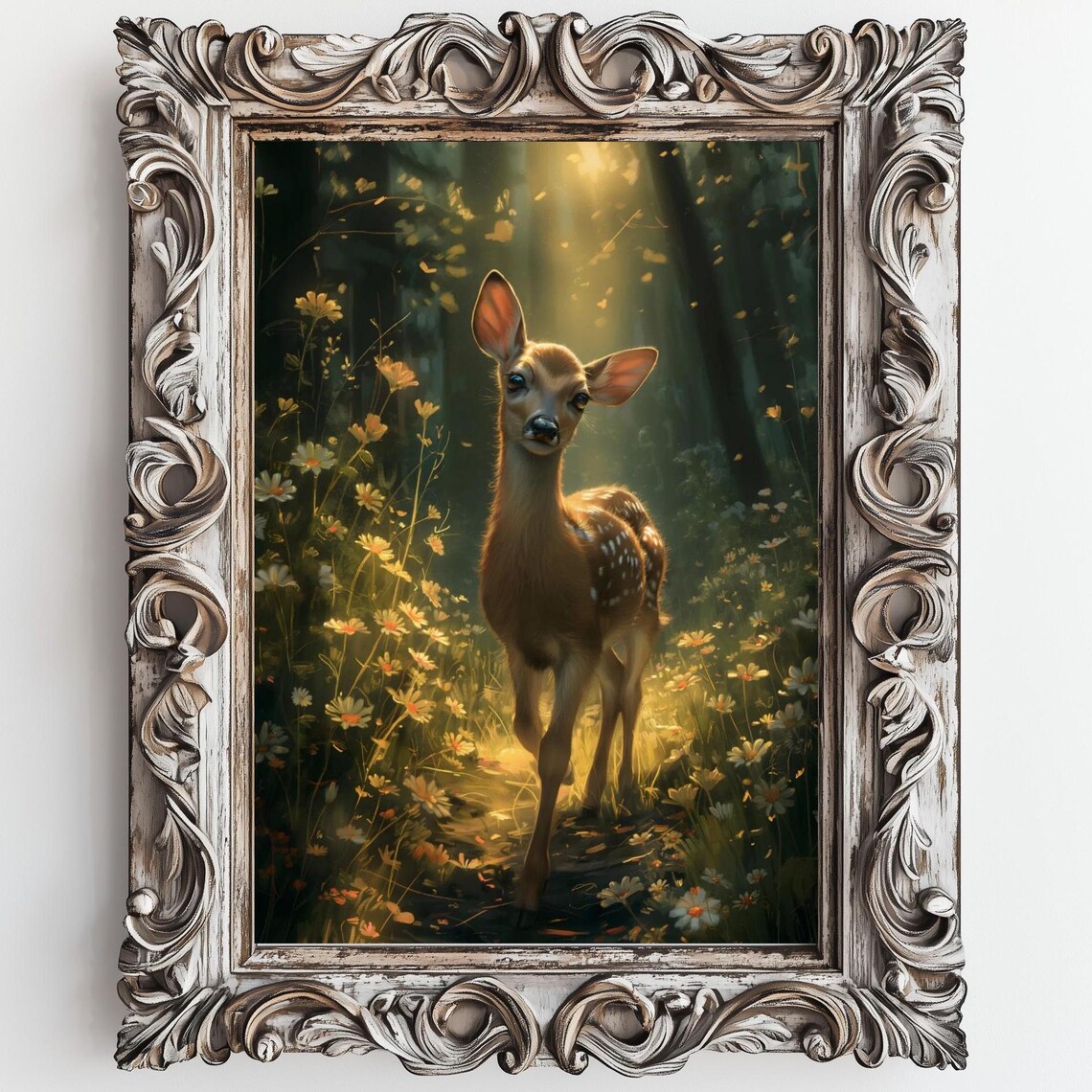 Fawn Baby Deer Sunlit Forest Wildflowers Golden Light Wall Art