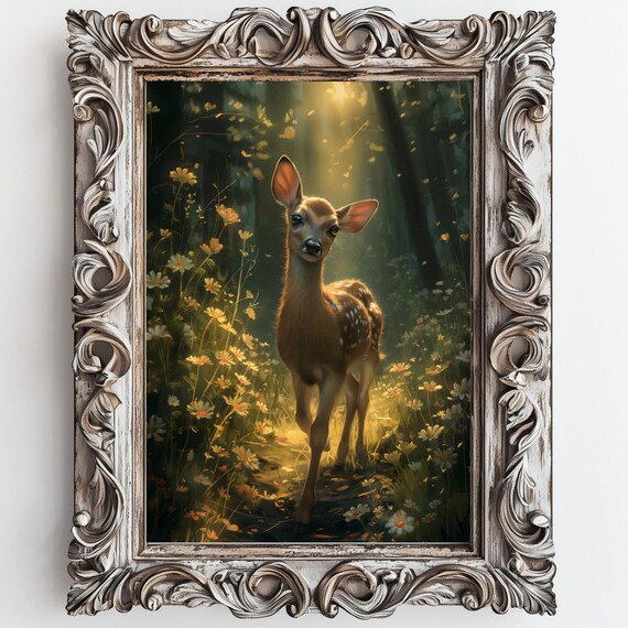 Fawn Baby Deer Sunlit Forest Wildflowers Golden Light Wall Art