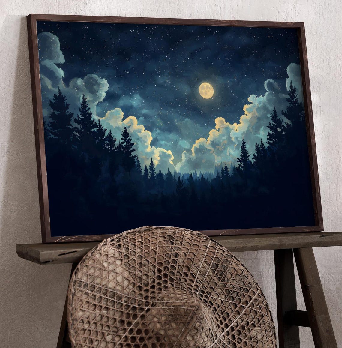 Bright Full Moon And Stars Above Misty Pine Forest Night Sky Wall Art