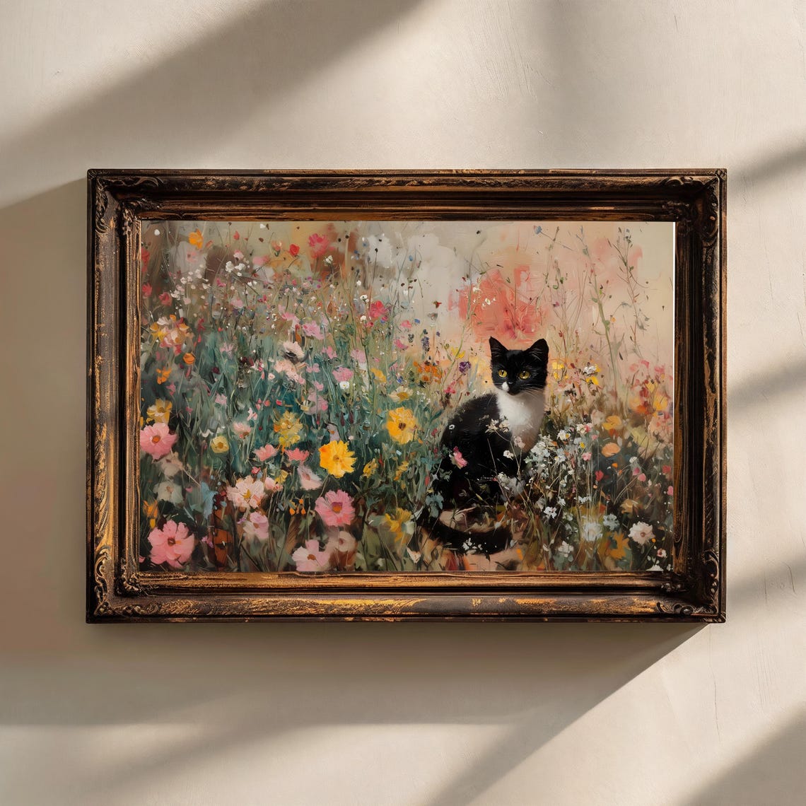 Tuxedo Cat Wildflower Meadow Impressionist Floral Oil Painting Print - Image 2