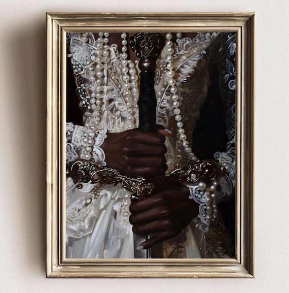 Black Lady Sword Hands Pearl Lace Victorian Gown Dark Art Print