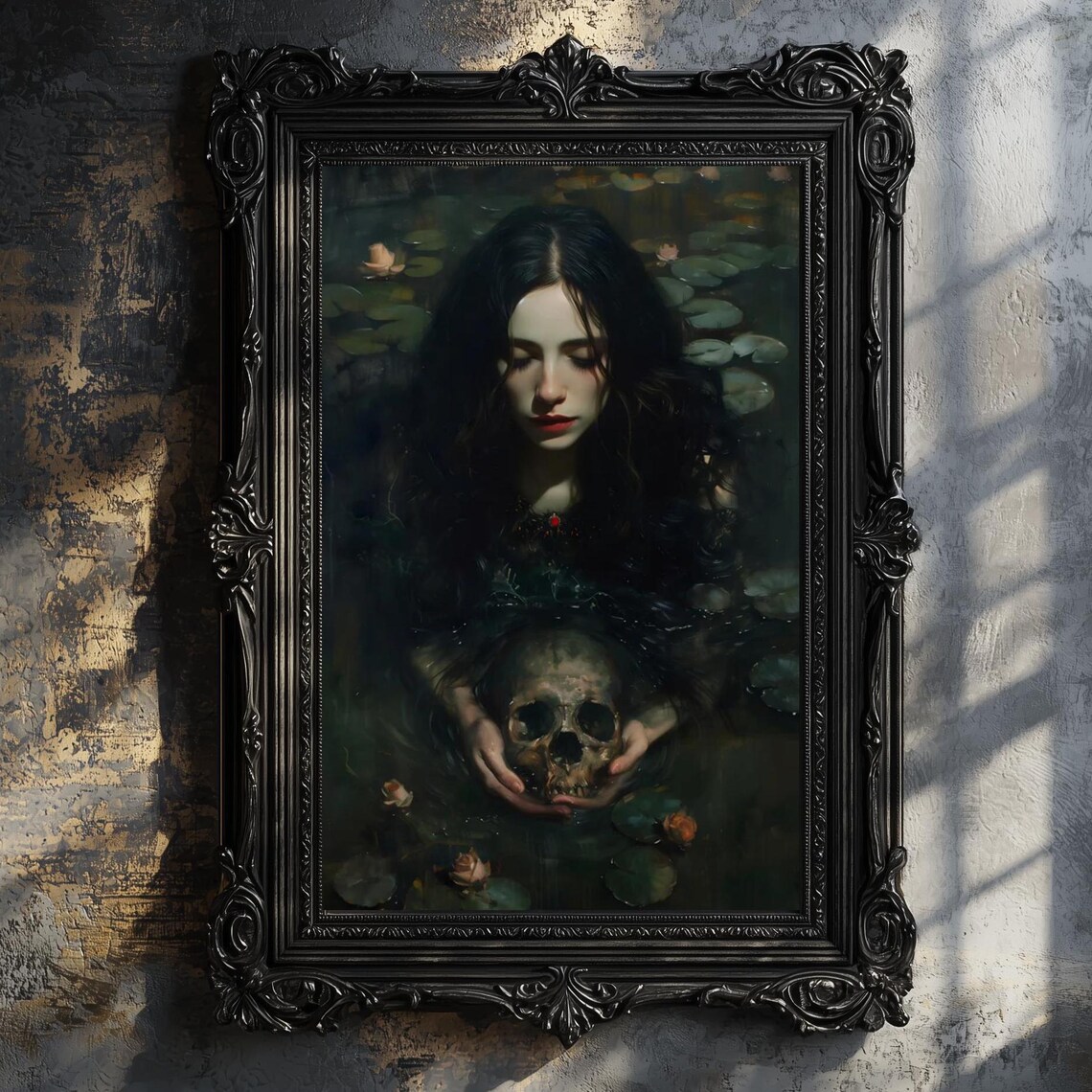 Gothic Woman Holding Skull In Dark Lily Pond Memento Mori Art Poster