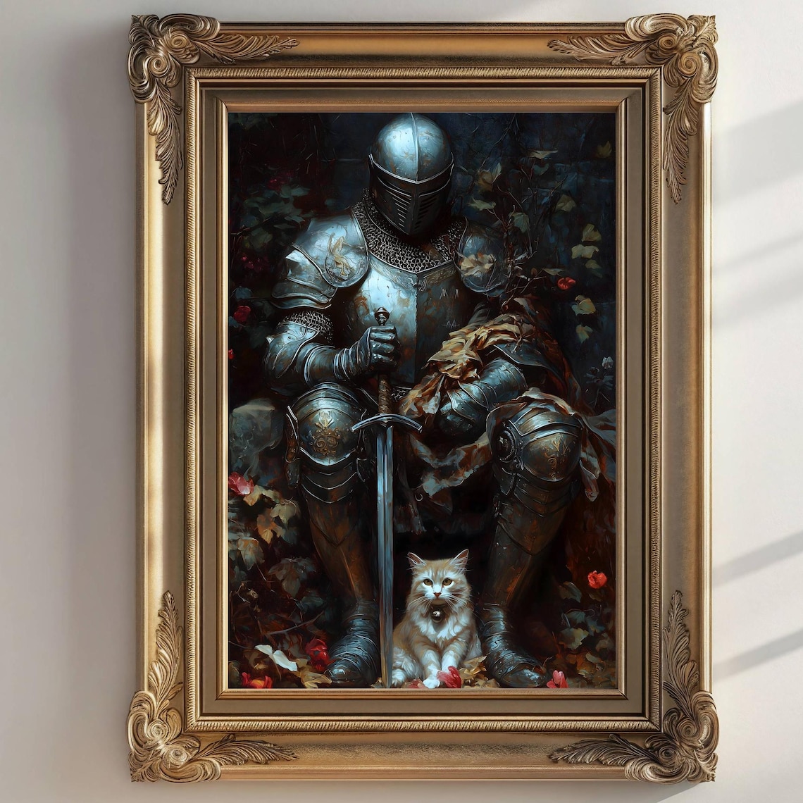 Medieval Knight In Armor With White Cat Roses Knightcore Fantasy Art Poster