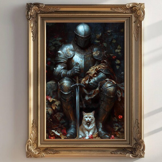 Medieval Knight In Armor With White Cat Roses Knightcore Fantasy Art Poster