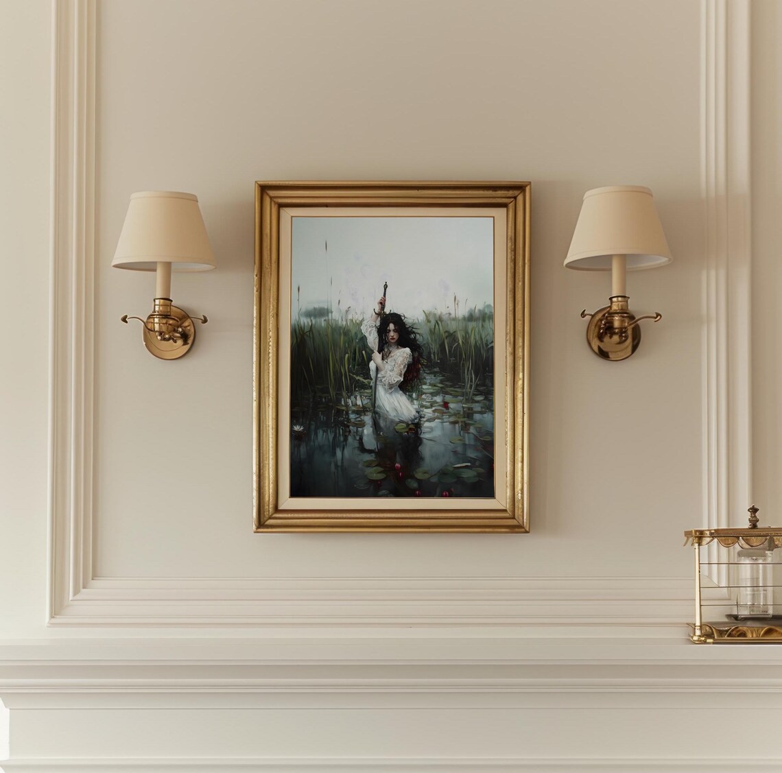 Lady in White Raising Sword in Dark Water Lily Pond Art Print - Image 2