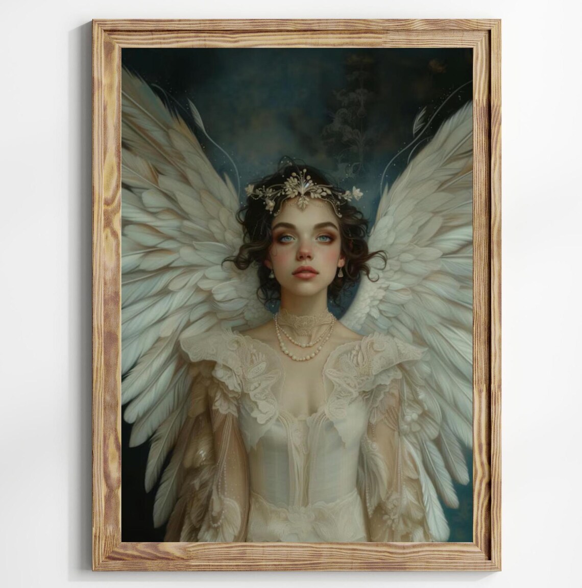 Victorian Angel Portrait White Wings Lace Gown Pearls Heavenly Wall Art - Image 2