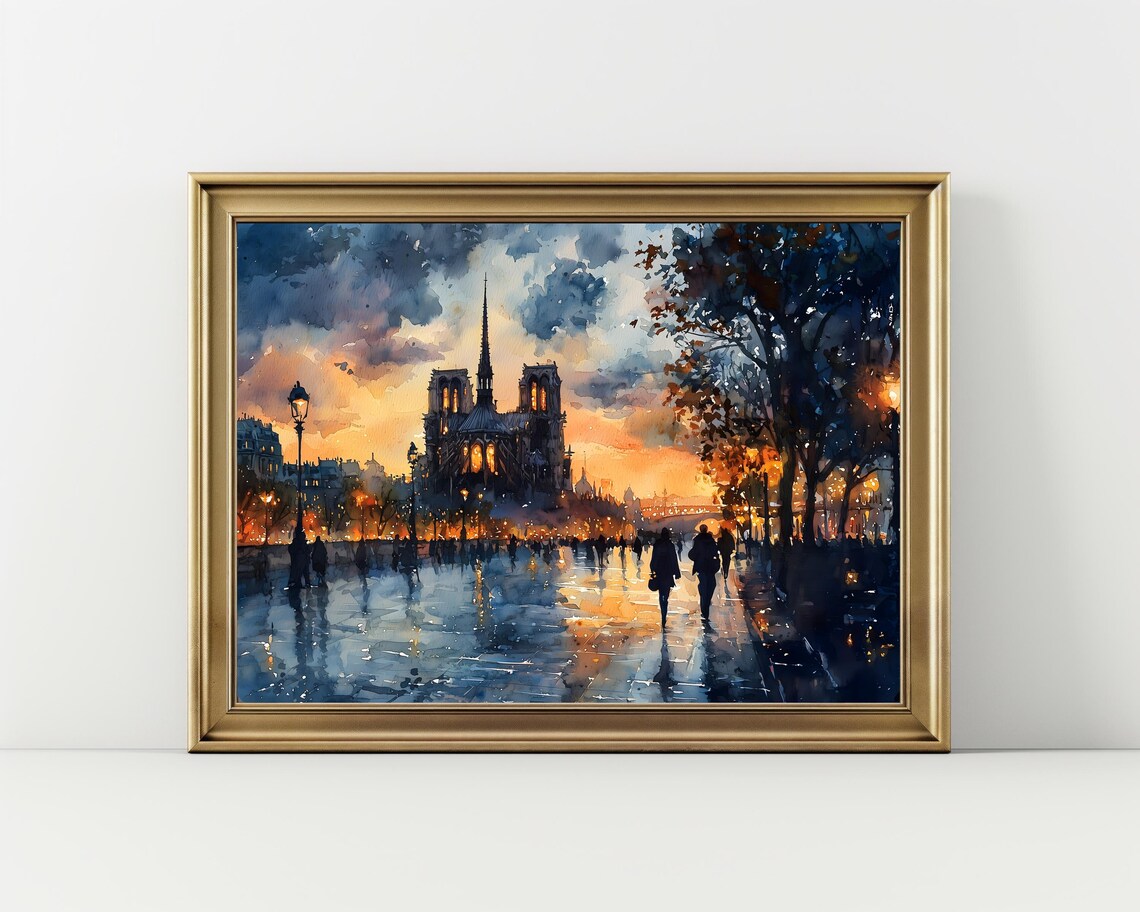 Notre Dame Cathedral Paris Rainy Night Watercolor Street Travel Poster - Image 2