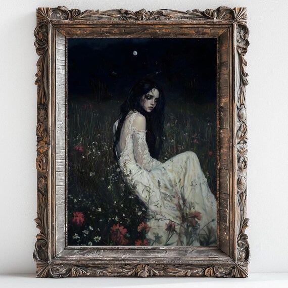 Victorian Woman In White Lace Dress Under Moonlight Wildflower Meadow Night Art Poster
