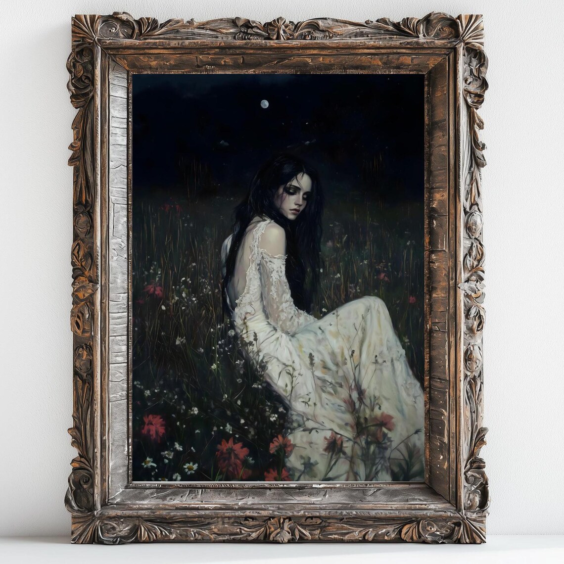 Victorian Woman In White Lace Dress Under Moonlight Wildflower Meadow Night Art Poster