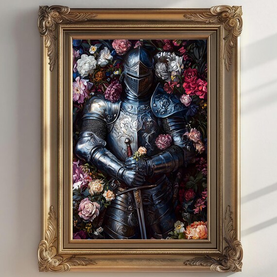 Medieval Knight Floral Art Print Knightcore Fantasy Art Fantasy Maximalist Decor Dark Academia Print Goth Moody Victorian Wall Art