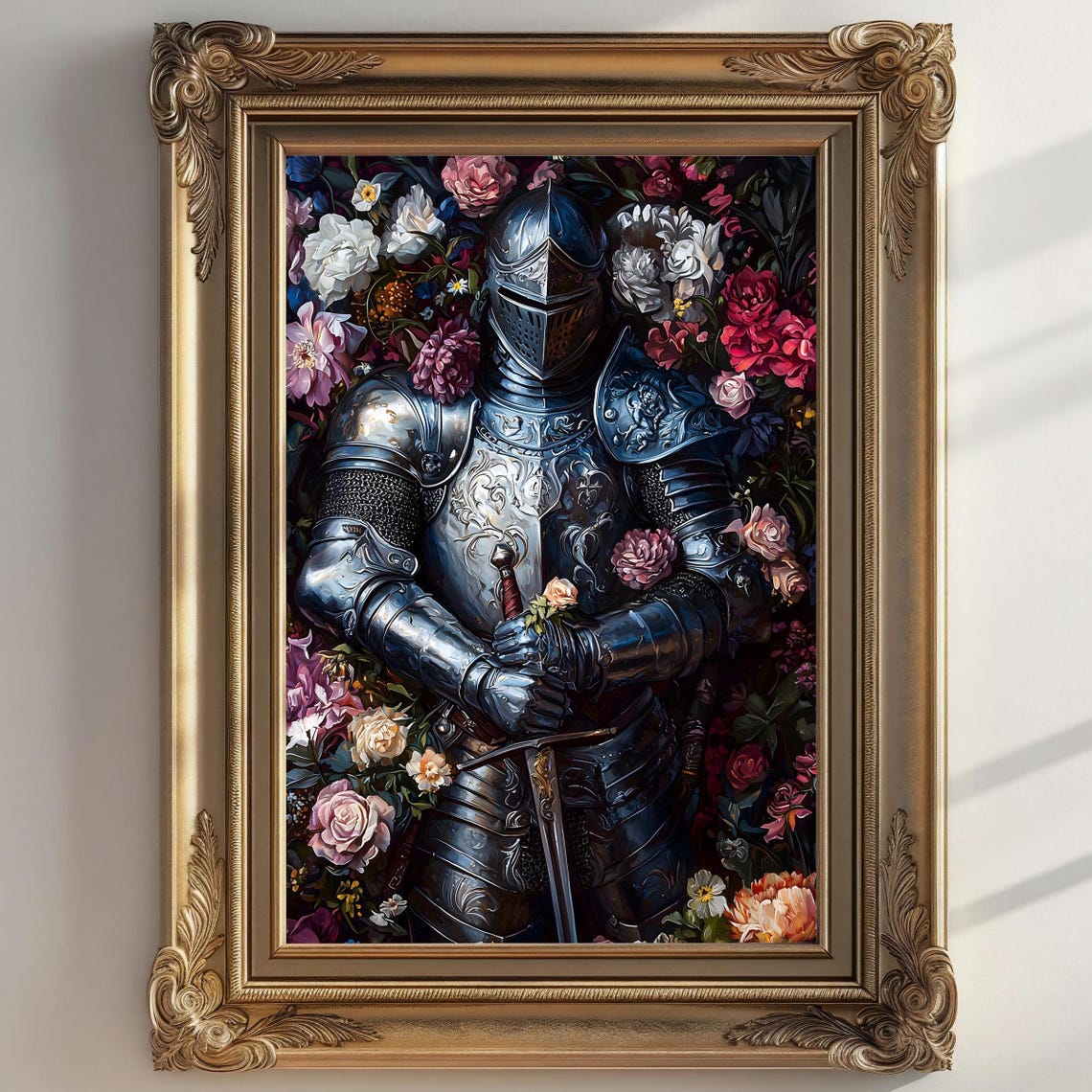 Medieval Knight Armor Sword Roses Floral Knightcore Wall Art