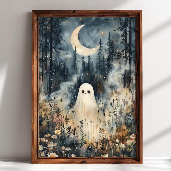 Cute Ghost In Dark Forest Night Crescent Moon Mist Wildflowers Poster