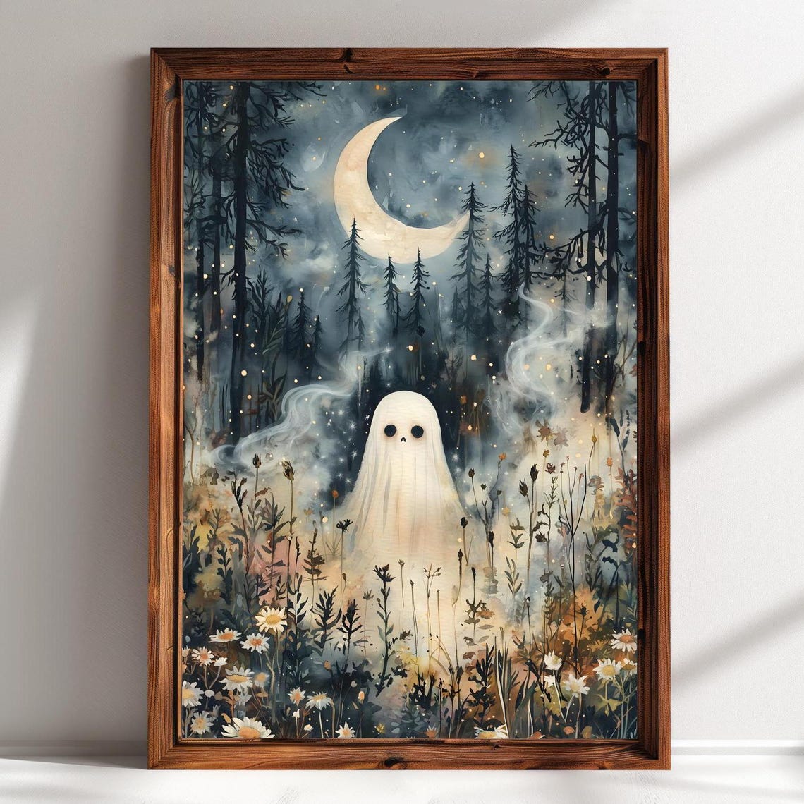 Cute Ghost In Dark Forest Night Crescent Moon Mist Wildflowers Poster