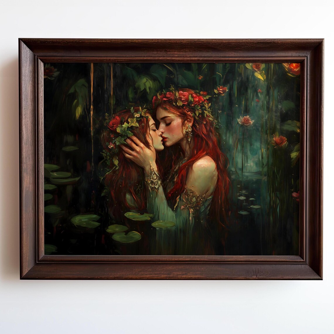 Dark Academia Two Women Lily Pond Embrace Moody Romantic Gothic Art Print