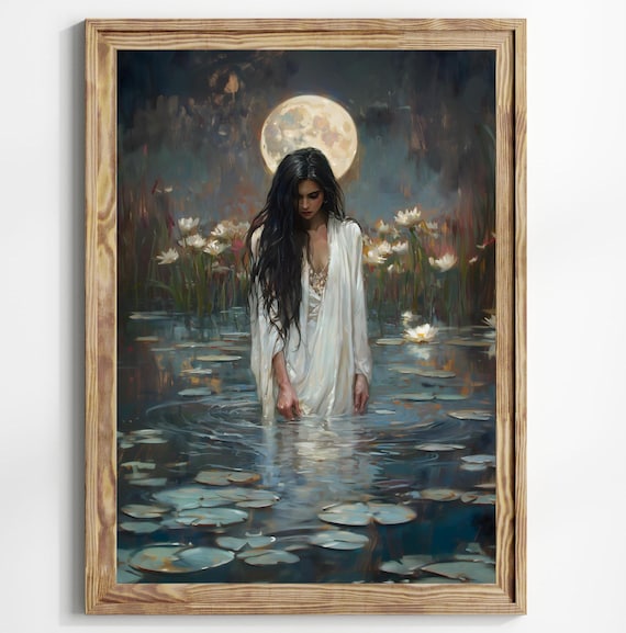 Full Moon Witch Dark Academia Lake Art Print