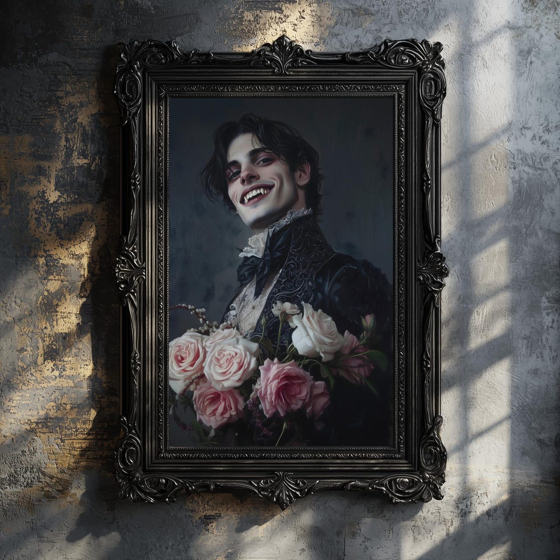 Grinning Vampire Man Fangs Roses Victorian Coat Dark Gothic Art Print - Image 3