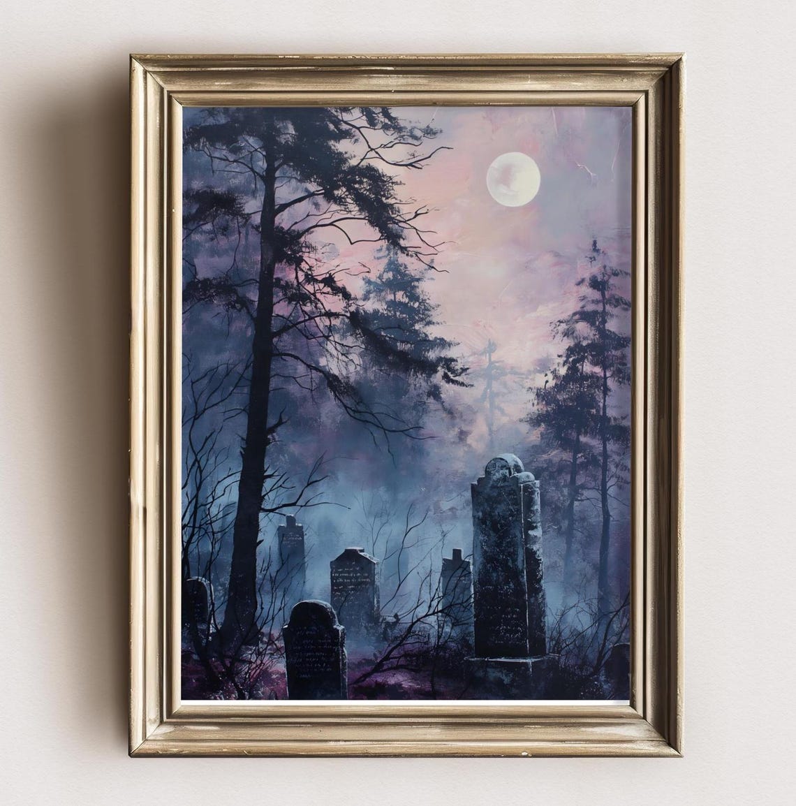 Haunted Graveyard Under Full Moon Misty Blue Night Cemetery Art Print