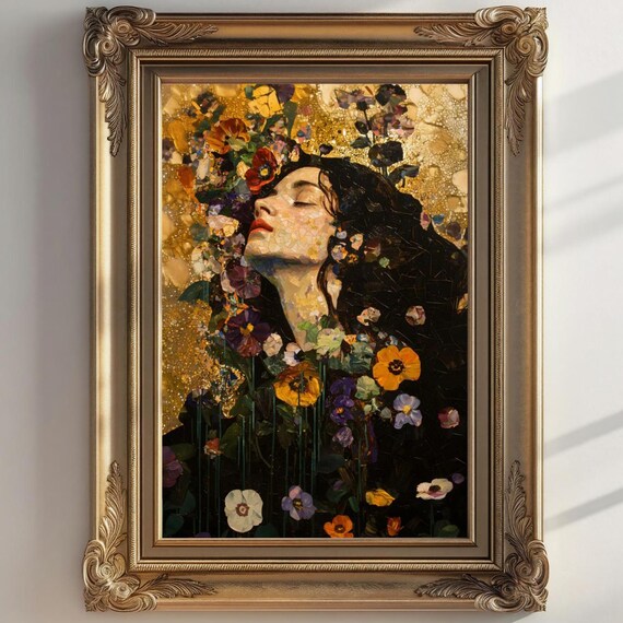 Golden Floral Mosaic Sleeping Witch Portrait Romantic Dark Academia Wall Art Ophelia Print Moody Floral Art Prints Gift