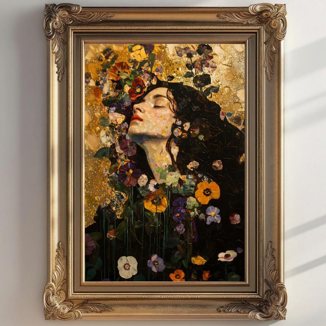 Golden Mosaic Floral Portrait Sleeping Woman Flowers Vintage Art Print