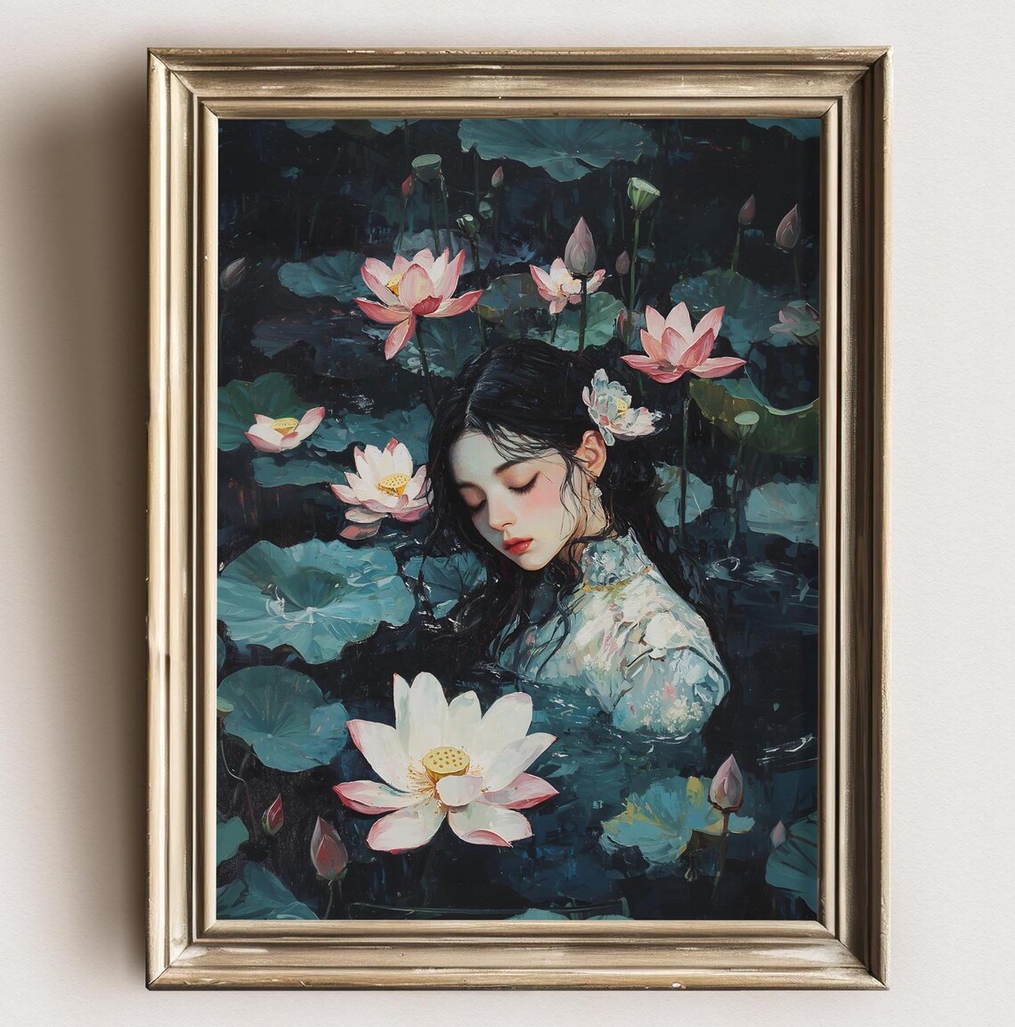 Asian Ophelia Among Pink Lotus Blossoms Dark Pond Night Painting Art Print