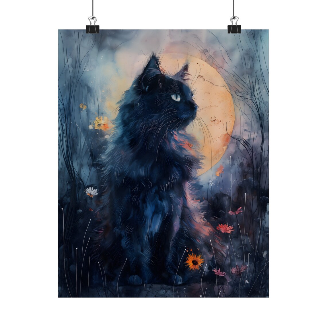 Black Cat Silhouette Orange Full Moon Wildflowers Night Watercolor Poster - Image 2