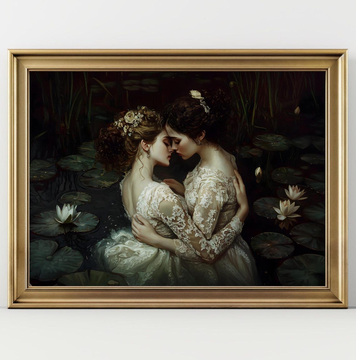 Two Women Embracing Lily Pond Night Lace Dresses Dark Academia Print - Image 2