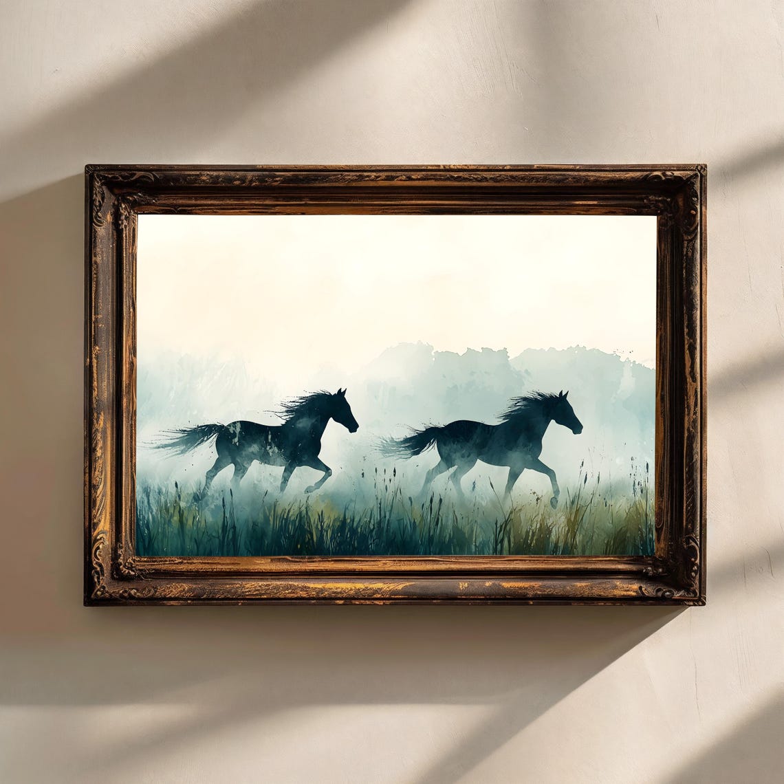 Two Horses Galloping Through Misty Morning Grass Watercolor Art Print - Image 2