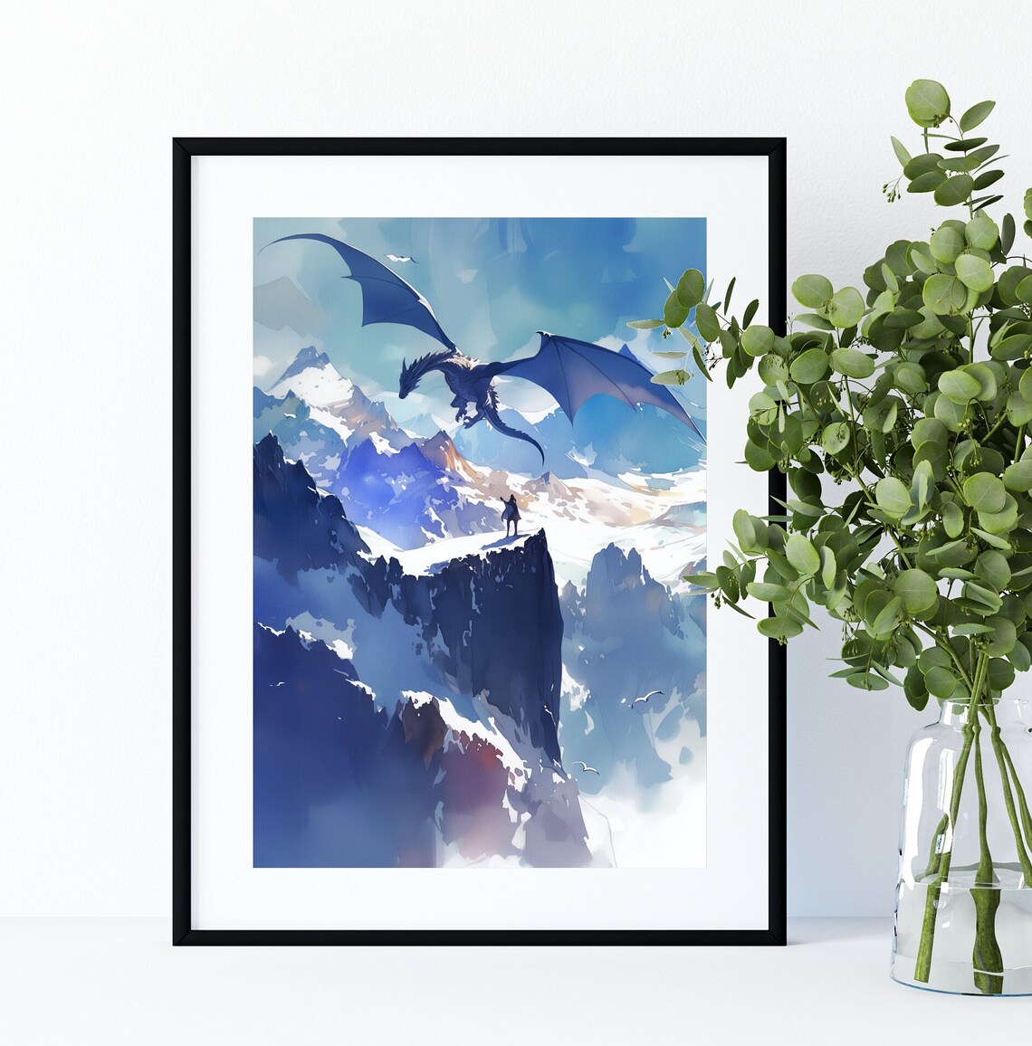 Blue Dragon Watercolor Art Vertical Poster Print Fantasy Art Castle And A Dragon Fantasy Painting Watercolor Illustration Dark Academia - Image 3