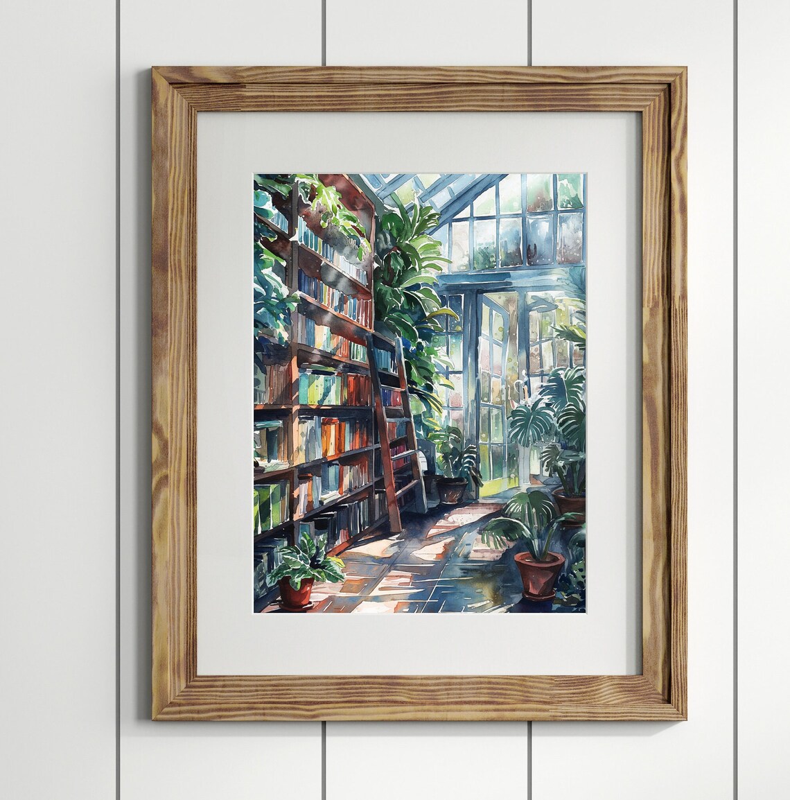 Greenhouse Library Tall Bookshelves Glass Ceiling Plants Watercolor Bookish Print - Image 3