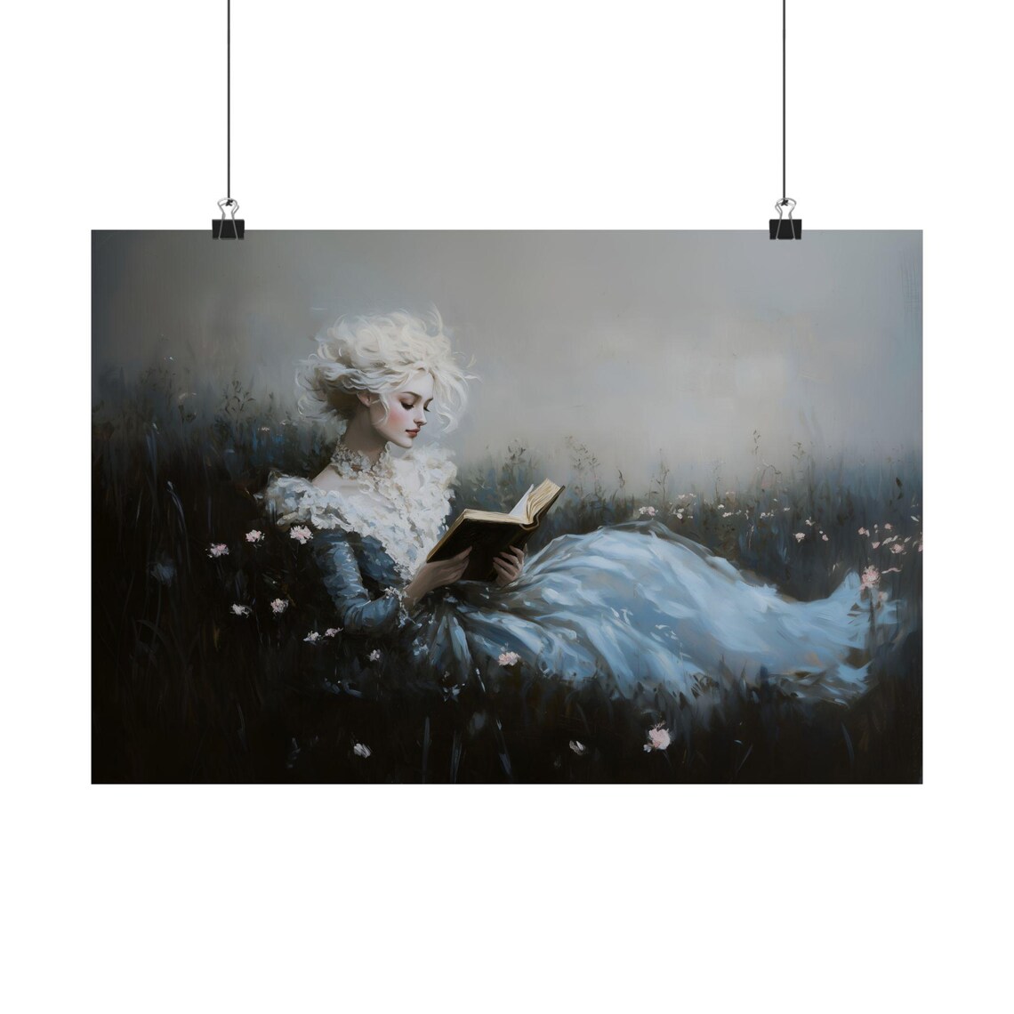 White Haired Woman Reading Book Blue Victorian Dress Dark Meadow Moody Art Print - Image 2
