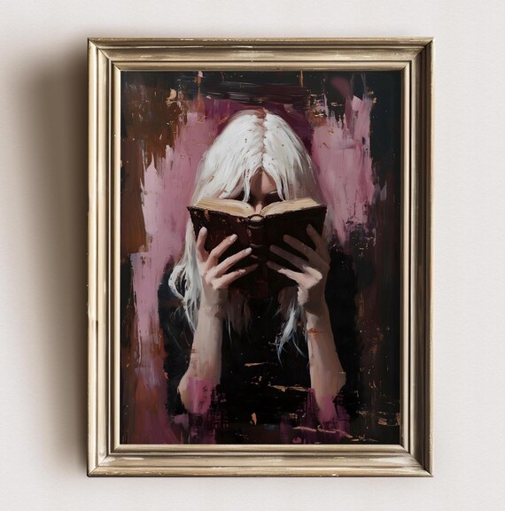 Blonde Woman Reading Antique Book Moody Burgundy Library Poster